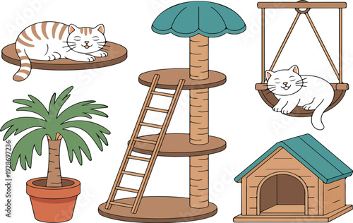 Cat Furniture and Accessories Icon Set with Pet House, Scratching Tree, Hammock Bed, Platforms, and Indoor Relaxation Elements Design