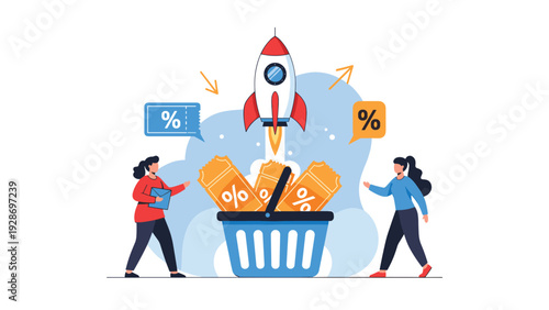 Sales promotion and marketing launch concept showing a rocket taking off from a basket filled with discount coupons and two people celebrating.