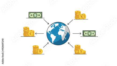 Global currency exchange and international finance concept showing a world map surrounded by various banknotes and stacks of gold coins with arrows.