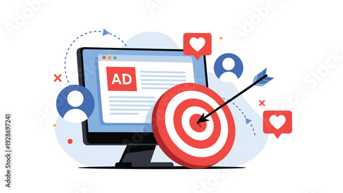 Target audience and digital advertising concept showing a dart in a bullseye in front of a monitor with an AD label and social media icons.