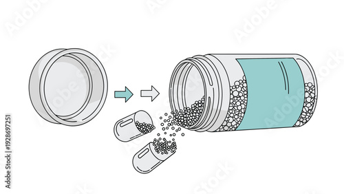 Medical capsule supplement concept showing an open container with tiny white granules spilling out into two half-capsules for healthcare use.