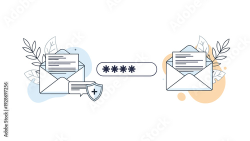 Digital correspondence security concept featuring envelopes, a password field, and protection shield for encrypted messaging.