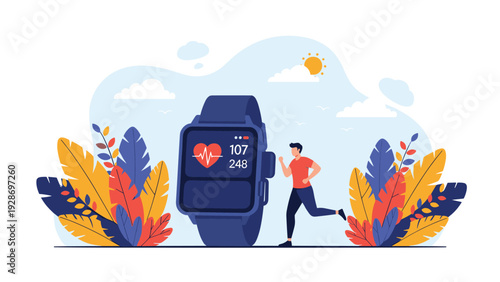 Athlete jogging outdoors while using a sophisticated smartwatch to monitor real-time heart rate and physical fitness data.