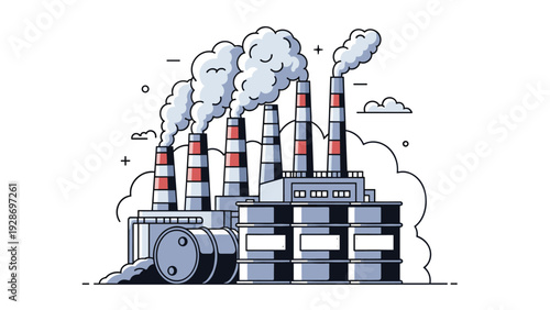 Industrial manufacturing plant showing tall chimneys emitting smoke and large storage barrels for liquid chemical products or oil.
