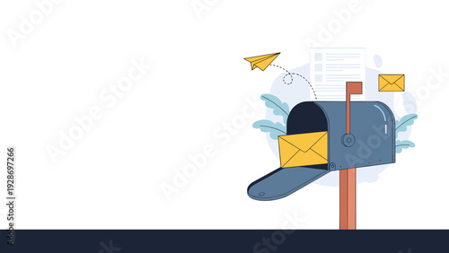 Open mailbox containing yellow envelopes and paper airplanes representing traditional and digital communication methods combined.