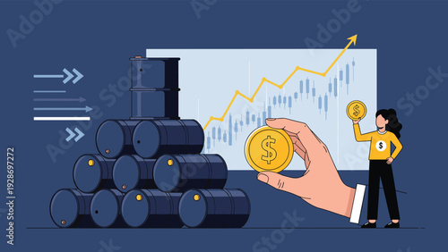 Global oil trade and investment concept showing crude oil barrels, financial candlestick charts, and hands exchanging gold coins.