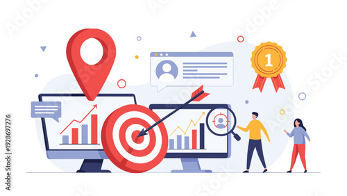 Comprehensive digital marketing strategy showing target audience, search ranking goals, data analytics, and professional achievements.