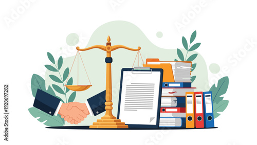 Legal services and justice concept showing scales, gavel, a handshake agreement, and a stack of important judicial documents and folders.