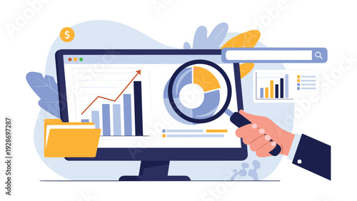 Data analysis process showing a large magnifying glass inspecting financial bar charts and pie graphs displayed on a desktop computer.