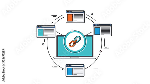 Global web network and backlink structure showing a laptop at the center connected to multiple browser windows around the circle.