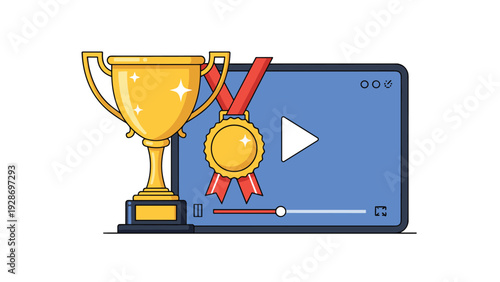 Video content recognition and awards illustration with a gold trophy cup, a first place medal, and a digital media player interface.