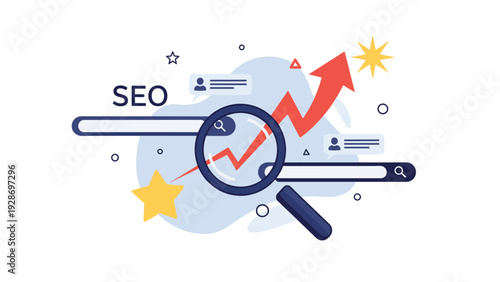 Search engine optimization concept displaying a magnifying glass over an upward trending arrow with stars and search query elements.