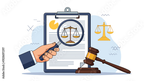 Judicial investigation showing a magnifying glass over legal paperwork with the scales of justice and a wooden judge gavel nearby.