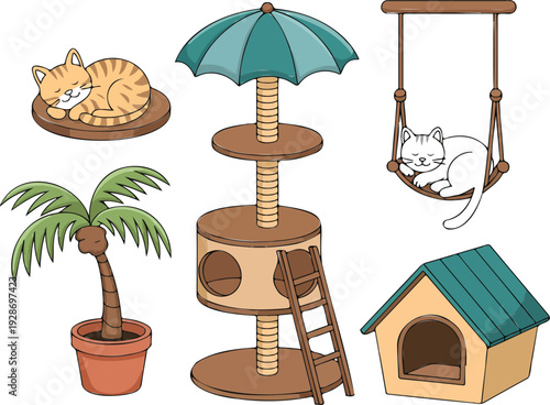 Cat Furniture and Accessories Icon Set with Pet House, Scratching Tree, Hammock Bed, Platforms, and Indoor Relaxation Elements Design