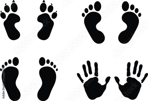 Baby footprints and handprints silhouettes, child foot and hand print icons, black vector illustration for newborn, parenting, family, childhood, memory design concepts
