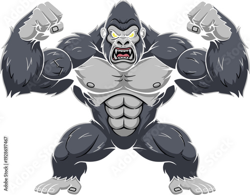 Powerful vector illustration of a muscular angry gorilla mascot with glowing yellow eyes flexing its biceps for sports gym fitness and strength branding