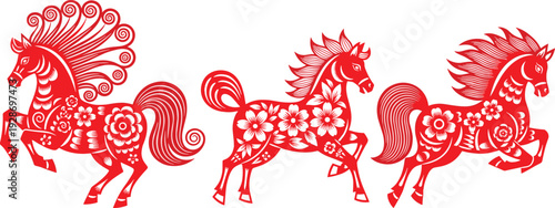 Red vector illustration of three traditional Chinese paper cut horses with intricate floral patterns for lunar new year spring festival and zodiac branding design