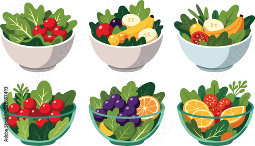 Flat vector illustration set of six healthy salad bowls featuring fresh green leafy vegetables tomatoes bananas oranges and grapes for vegan diet nutrition