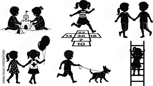 Set of black silhouettes showing happy children playing outdoor games like hopscotch sandcastle walking dog and holding balloons vector illustration on white background
