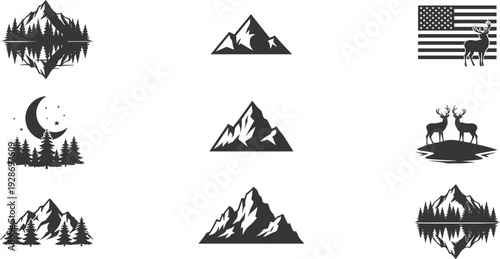 Set of black vector silhouette icons of mountains forest trees and deer isolated on white background for outdoor camping adventure logo design concept (23 words)
