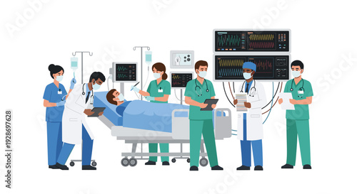A team of diverse medical professionals wearing masks and scrubs surrounds a patient lying in a hospital bed with multiple electronic monitors.