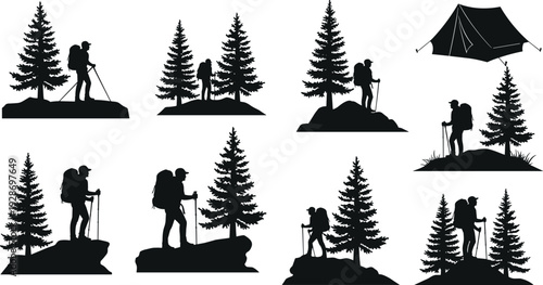 Set of black vector silhouettes featuring hikers with backpacks and trekking poles standing near pine trees and camping tent isolated on white background