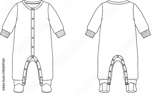 Baby romper technical fashion flat sketch, infant footed jumpsuit with snap buttons, front and back view, cad drawing flat vector illustration.