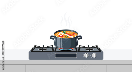 A large pot of hot steaming soup with shrimp and vegetables cooks on a lit gas stove burner in a modern kitchen setting.
