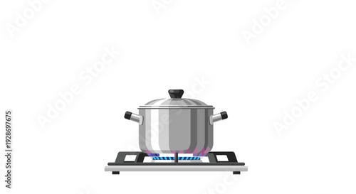 A closed silver metal pot with a black handle sits on a lit gas stove burner with blue flames against a white background.
