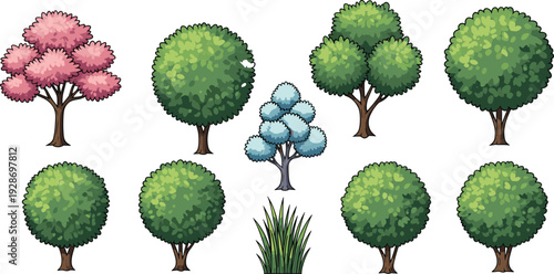 Set of Colorful Hand Drawn Vector Tree Illustrations Including Pink Cherry Blossom Green Oak and Bush Plants Isolated on White Background for Landscape Design (25 words)