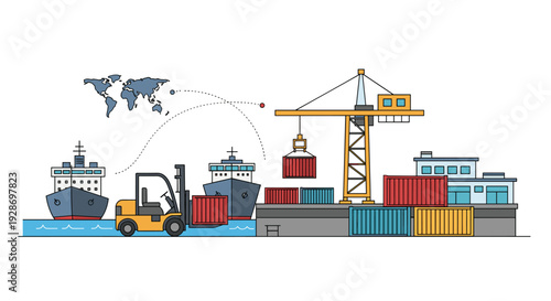 A yellow forklift carries a shipping container at a busy port with cargo ships and a large crane under a global map.