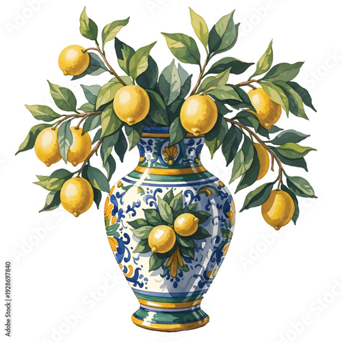 Still life illustration of a vase with ripe olives and fruits, olive branch and olive oil, isolated on white in a fresh Mediterranean garden style