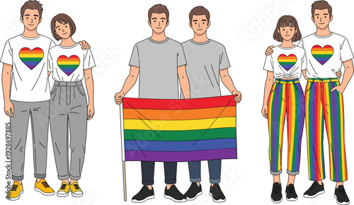 Set of Colorful Vector Illustrations Featuring LGBTQ Couples Wearing Rainbow Heart Shirts and Holding Pride Flag for Love Equality and Diversity Graphic Designs