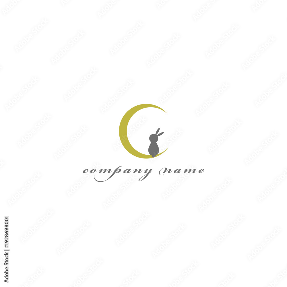 Obraz premium Cute Rabbit Sitting on Crescent Moon Logo Icon in Yellow and Gray