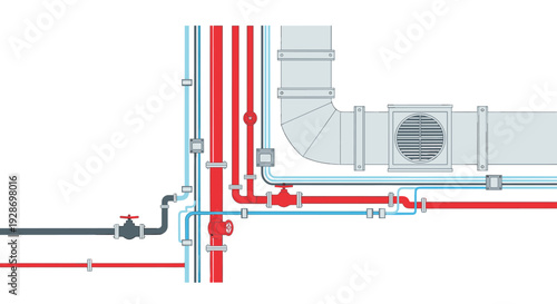 A complex network of red blue and grey industrial pipes with various valves and a large ventilation duct is shown against a white background.