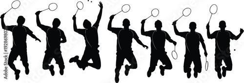 Badminton player silhouette collection vector illustration, male athletes jumping and smashing shuttlecock with racket, sport action pose set isolated on white background