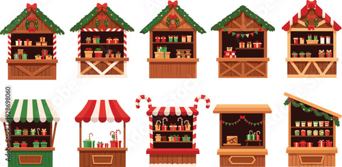 Set of cute Christmas market stalls and festive holiday wooden kiosks with gift boxes candy canes wreaths and winter decorations for seasonal fair vector illustrations