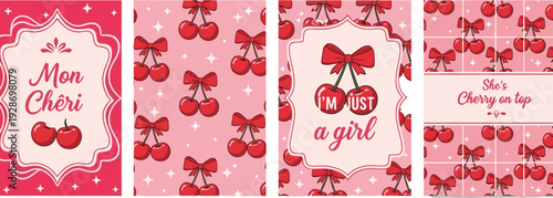 Set of cute romantic greeting cards with red cherry patterns red ribbon bows and French quotes for Valentines Day wedding invitations and feminine stationery
