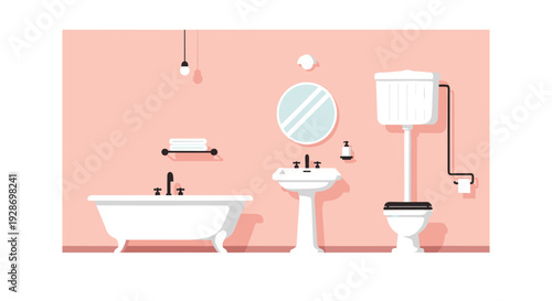 A vintage bathroom scene features a white clawfoot bathtub and a pedestal sink next to a high tank toilet against a solid pink wall.