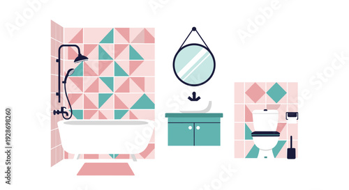 A modern bathroom interior features a white bathtub against pink and teal geometric tiles next to a teal vanity and a white toilet.