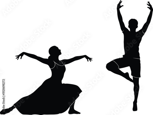 Ballet dancers silhouettes, male and female classical dance poses, black vector illustration for performing arts, choreography, elegance, movement, theater, artistic design