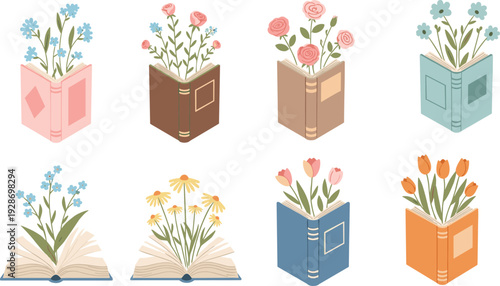 Set of eight aesthetic open books with blooming flowers and botanical plants growing from pages for reading growth education and dark academia library designs.