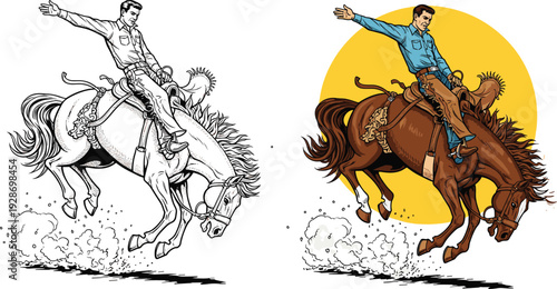 Dynamic rodeo cowboy riding bucking horse shown in black-and-white line art and colorful version with yellow background highlighting western sport action vector illustration design