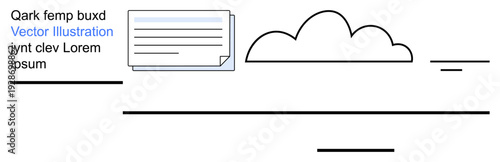 Digital communication, creative layout, editorial design, cloud storage, information sharing, minimalist style. Abstract composition a cloud, text box and lines. Digital communication and creative