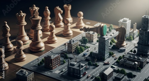 Wallpaper Mural Strategic urban planning depicted through chess pieces on a city map board, symbolizing the game of urban development and planning Torontodigital.ca