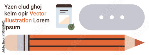 Education, writing, messaging, design, digital communication, content creation. Includes pencil, text snippets and speech bubble icons. Education and writing concept