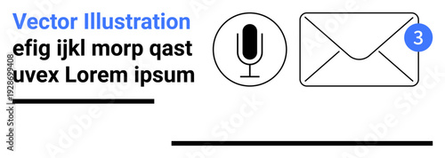 Digital communication, messaging, email notifications, online interaction, voice input, modern interface design. Icon set microphone, text and email symbol with a notification badge. Digital