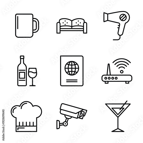 Set of 9 hotel amenities icons vector