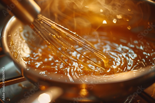 Caramel Symphony: A Whisk Dances Through Molten Sugar Under Culinary Fire