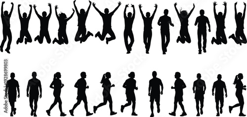 Active people silhouettes vector illustration set, jumping and running human figures showing fitness, sport, exercise, energy, freedom and healthy lifestyle concept